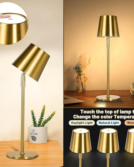 Cordless Table Lamp,Portable LED Desk Lamp, Battery Operated, 3 Color Stepless Dimming Up, for Restaurant/Bedroom/Bars/Outdoor Party/Camping/Coffee Shop Night Light。 (Gold) - LeafyLoom