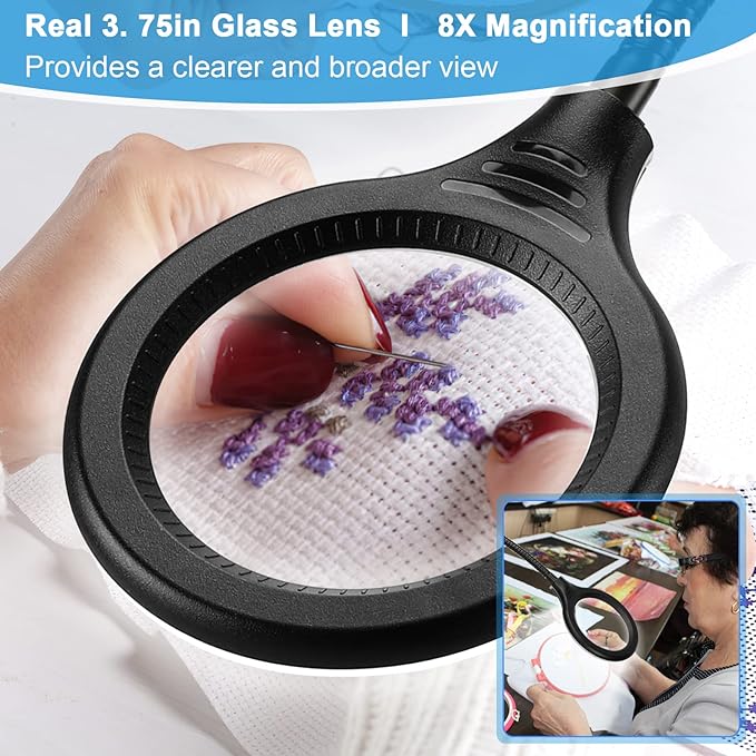 26" Gooseneck Magnifying Lamp with Clamp, 5 Color Modes Stepless Dimmable LED Desk Light with Magnifying Glass, 8X Real Glass Lighted Magnifier Hands Free for Painting Close Work Craft Hobby - LeafyLoom
