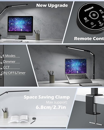 Desk Lamp, LED Desk Lamp with Clamp for Home Office, High Brightness Dimmable Desk Light, Adjustable Color Temperature Swing Arm Architect Lamp with Memory & Timing,Touch control Clamp Lamp - LeafyLoom