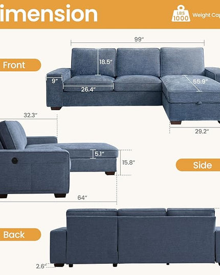 COHOME 100" L-Shaped Couch with Storage, Chenille Upholstered Deep Seat Couch for Living Room, Sofa with Reversible Chaise, Removable Covers, 3-Seater Apartment Sofa with Charge Ports,Light Blue - LeafyLoom