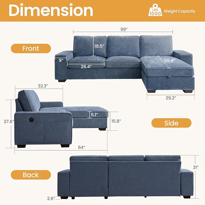 COHOME 100" L-Shaped Couch with Storage, Chenille Upholstered Deep Seat Couch for Living Room, Sofa with Reversible Chaise, Removable Covers, 3-Seater Apartment Sofa with Charge Ports,Light Blue - LeafyLoom