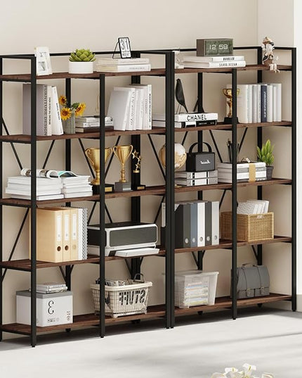 BON AUGURE Industrial Bookshelves and Bookcases, Farmhouse Large Book Shelves, 5 Tier Heavy Duty Open Bookcase, Tall Wood Metal Shelving Unit for Living Room, Bedroom, Office (Rustic Oak) - LeafyLoom