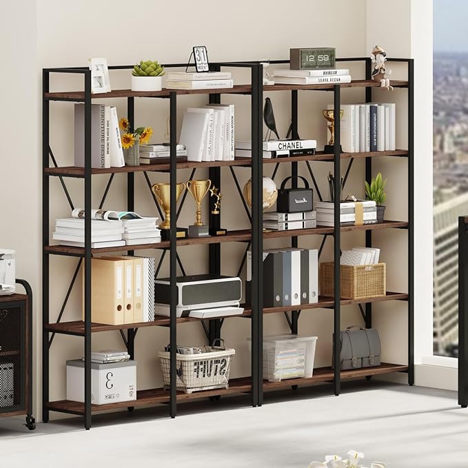 BON AUGURE Industrial Bookshelves and Bookcases, Farmhouse Large Book Shelves, 5 Tier Heavy Duty Open Bookcase, Tall Wood Metal Shelving Unit for Living Room, Bedroom, Office (Rustic Oak) - LeafyLoom