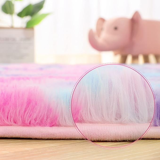 AROGAN Soft Rainbow Area Rugs for Girls Room 5x8 Feet, Fluffy Girls Bedroom Rugs, Princess Rug, Cute Colorful Carpet for Kids Teens Nursery Toddler, Hot Pink - LeafyLoom