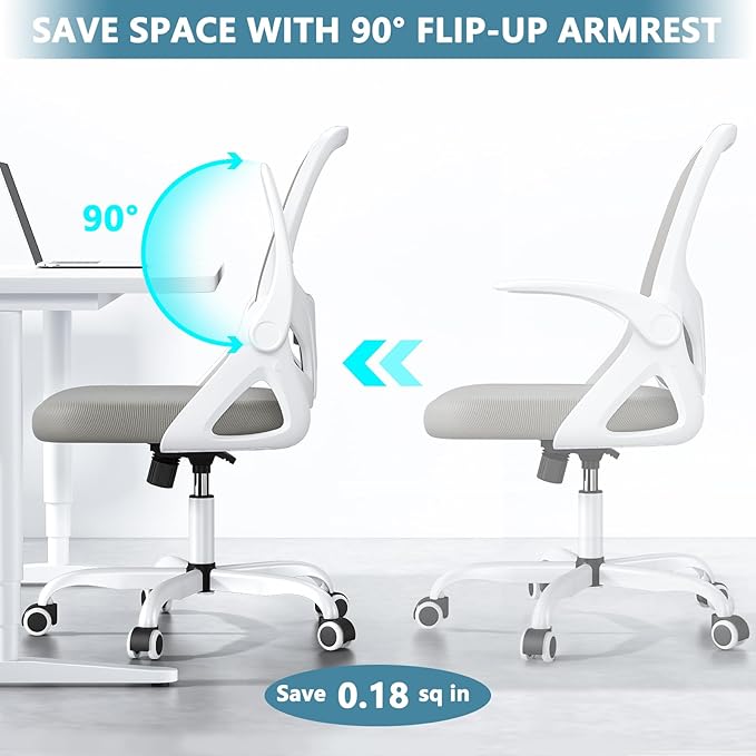 Office Desk Chair with Lumbar Support Ergonomic Mesh Office Chair with Wheels and Flip-up Armrests Adjustable Height Swivel Computer Chair for Home and Office (Grey) - LeafyLoom