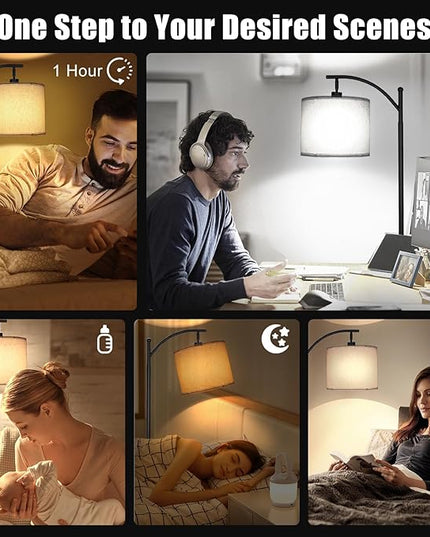 2024 LED Floor Lamps for Living Room, 12W 1200LM Modern Arc Floor Lamp with Remote & Adjustable Linen Lampshade, 12 Color Temperature Stepless Dimmable Tall Standing Lamp for Bedroom Office Reading - LeafyLoom
