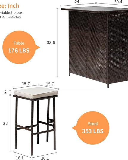 Wicker Patio Furniture 3 Piece Patio Set Chairs Wicker Outdoor Rattan Conversation Sets Bistro Set Coffee Table for Yard or Backyard - LeafyLoom