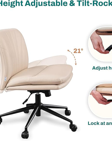 Criss Cross Chair with Wheels - Cross Legged Office Chair, Wide Armless Desk Chair Comfy Swivel Vanity Chair for Home Office, PU Leather - Beige - LeafyLoom