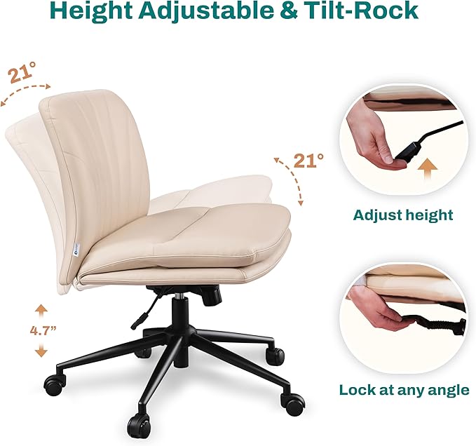 Criss Cross Chair with Wheels - Cross Legged Office Chair, Wide Armless Desk Chair Comfy Swivel Vanity Chair for Home Office, PU Leather - Beige - LeafyLoom