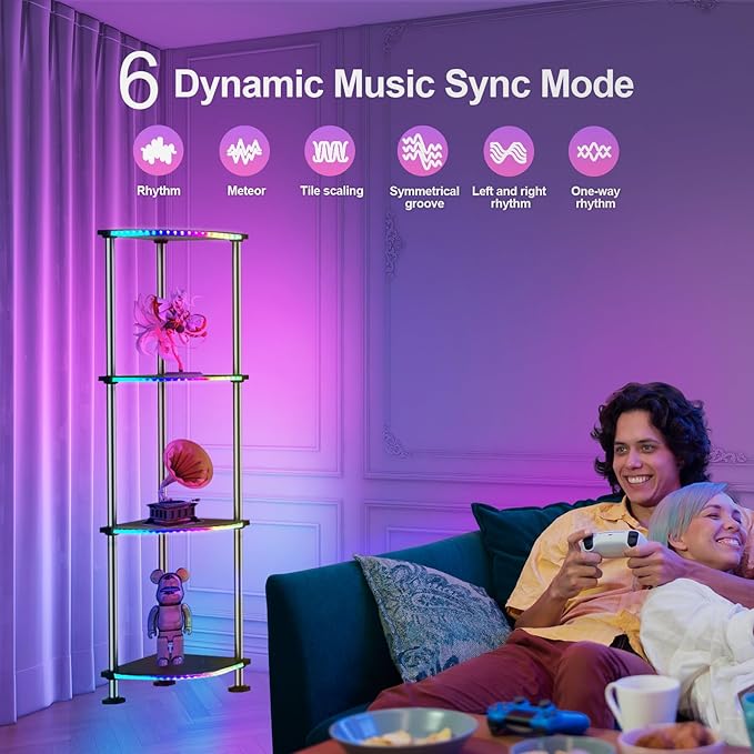 RGB Floor Lamp with Shelves Tall Lamp with Wireless Charger & USB Port Ambiance Lighting with Music Sync Dimmable and Timing Standing Lamp for Bedroom 4 Tier Black - LeafyLoom