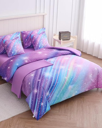 Twin Comforter Set for Girls Galaxy Bedding 7pieces, Ombre Bedding Comforter Sets Rainbow Comforter, Glitter Bedding Twin Teen Comforter Sets for Girls (Twill Rainbow) - LeafyLoom