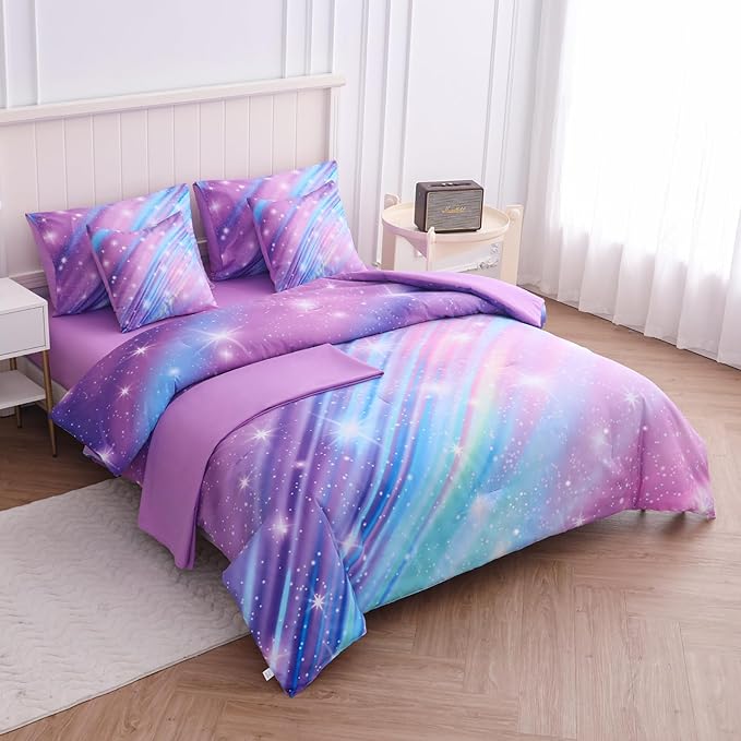 Twin Comforter Set for Girls Galaxy Bedding 7pieces, Ombre Bedding Comforter Sets Rainbow Comforter, Glitter Bedding Twin Teen Comforter Sets for Girls (Twill Rainbow) - LeafyLoom