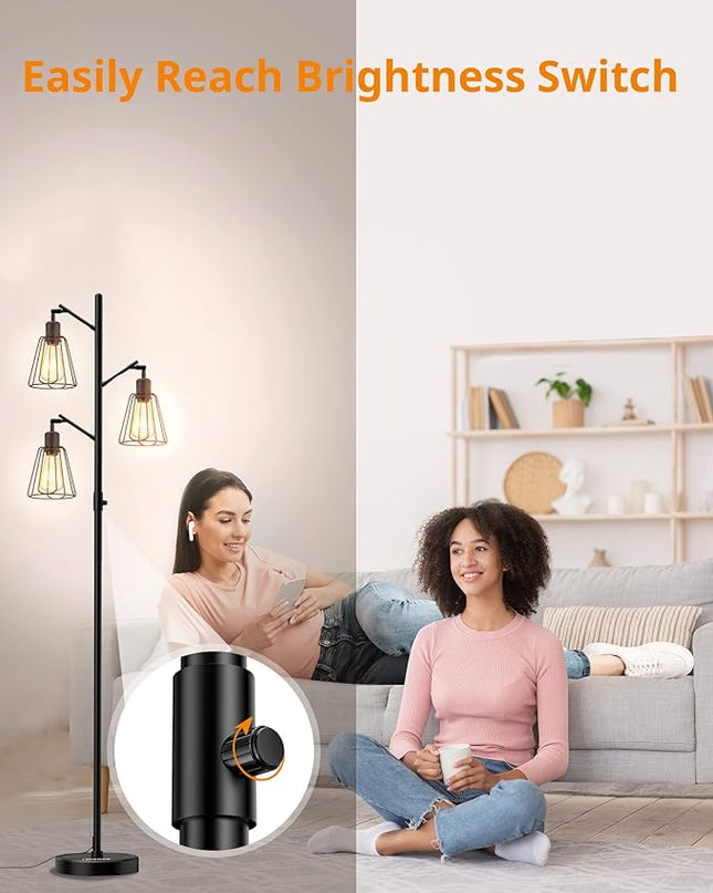 LEPOWER Tree Floor Lamp, Industrial Floor Lamps for Living Room with Multi Head, Dimmable Floor Lamp, LED Standing lamp Edison Bulbs, Pole Tall Lamp for Bedroom Office Black - LeafyLoom