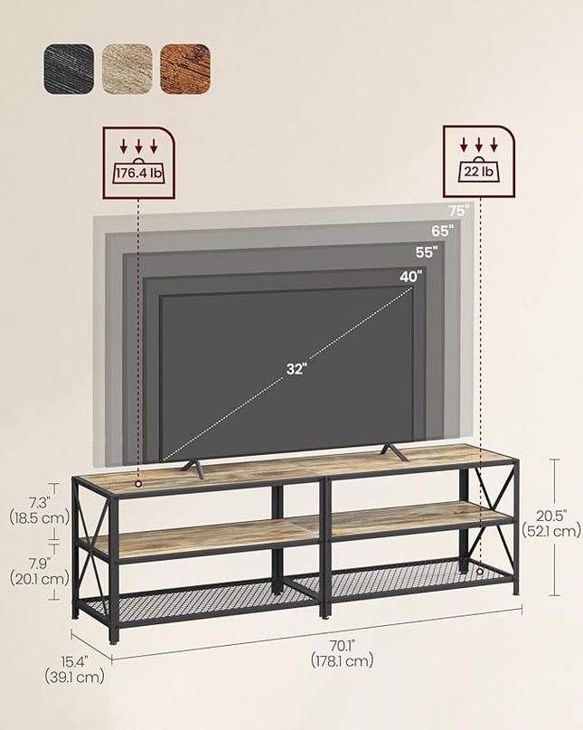 VASAGLE TV Stand, TV Console for TVs Up to 75 Inches, TV Table, 70.1 Inches Width, TV Cabinet with Storage Shelves, Steel Frame, for Living Room, Bedroom, Turquoise Brown and Black ULTV096B60 - LeafyLoom