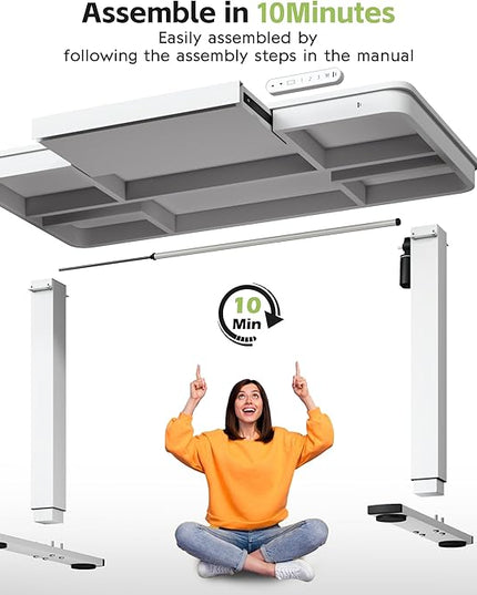 Electric Standing Desk with Drawer, 48 x 24 inches with Preassembled Top & USB Charging Ports, Height Adjustable for Home & Office, White - LeafyLoom