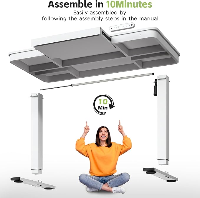 Electric Standing Desk with Drawer, 48 x 24 inches with Preassembled Top & USB Charging Ports, Height Adjustable for Home & Office, White - LeafyLoom