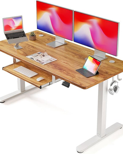 FEZIBO Standing Desk with Keyboard Tray, 55 × 24 Inches Electric Height Adjustable Desk, Sit Stand Up Desk, Computer Office Desk, Light Rustic - LeafyLoom