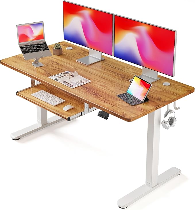 FEZIBO Standing Desk with Keyboard Tray, 55 × 24 Inches Electric Height Adjustable Desk, Sit Stand Up Desk, Computer Office Desk, Light Rustic - LeafyLoom