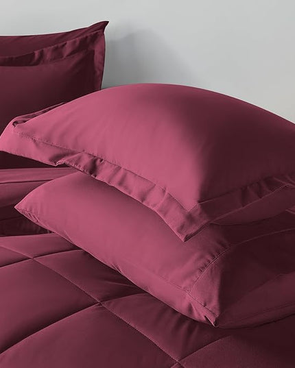 CozyLux Queen Comforter Set with Sheets 7 Pieces Bed in a Bag Burgundy All Season Bedding Sets with Comforter, Pillow Shams, Flat Sheet, Fitted Sheet and Pillowcases, Red, Queen - LeafyLoom