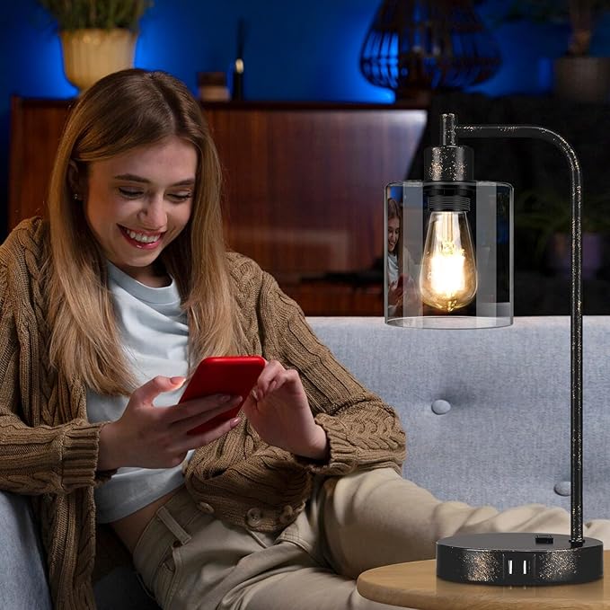 Industrial Touch Table Lamps Set of 2 - Rustic Black Bedside Lamps with 2 USB Ports & AC Outlet, 3-Way Dimmable Nightstand Desk Lamp for Bedroom Living Room Farmhouse, Glass Shade & LED Bulbs Included - LeafyLoom