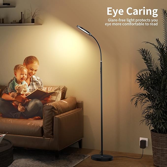 Airand LED Floor Lamp, 12W/1000lm Gooseneck Floor Standing Reading Light with Stepless Adjustable 3000K-6000K Colors and Timer, Remote and Touch Control, Sofa Standing lamp for Room, Bedroom, Office - LeafyLoom
