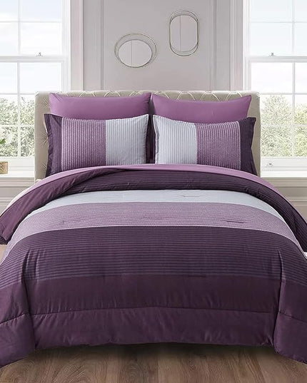 WONGS BEDDING Purple Comforter Set Twin, Revsible Purple Grey Striped Down Alternative Comforter for Twin Bed,2 Pieces (1 Comforter+1 Pillowcase), Soft Microfiber Bedding Duvet Insert 68”×86” - LeafyLoom