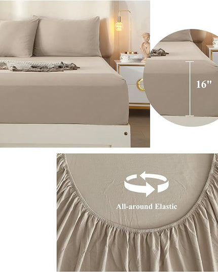 HighBuy Beige Full Size Sheet Set Extra Soft Deep Pocket Sheets Set,4 Piece Bed Fitted Sheets Fit 16 Mattress,Wrinkle,Fade,Stain Resistant Cooling Bed Sheets,Fitted Sheets,Pillowcases Set (Full,Beige) - LeafyLoom