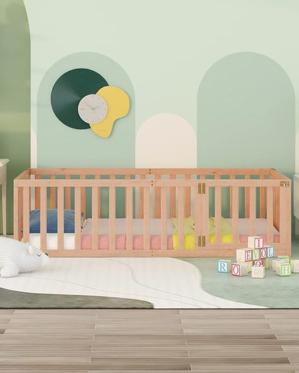 Multifunctional Twin Size Floor Bed with Safety Guardrails and Door, Montessori Sturdy Solid Wood Beds Frame, Easy Assembly and No Spring Need, for Boys and Girls Room, Natural - LeafyLoom