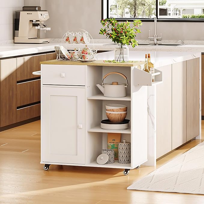 HOOBRO Kitchen Island, Storage Cabinet with Drawer, Kitchen Cart with Spice and Towel Rack, Saving Space, Easy Assembly, for Living Room, White and Natural WN12ZD01 - LeafyLoom