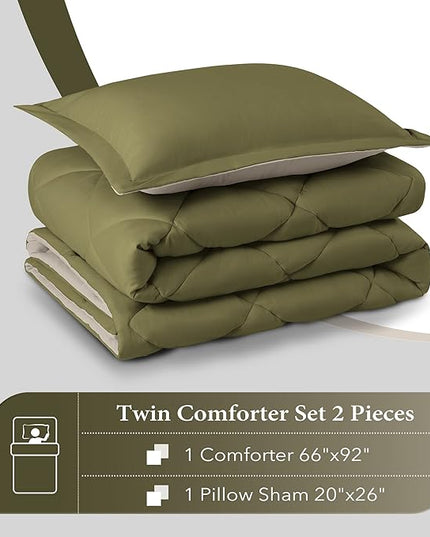 downluxe Lightweight Solid Comforter Set (Twin) with 1 Pillow Sham - 2-Piece Set - Olive Green and Ivory - Down Alternative Reversible Comforter - LeafyLoom