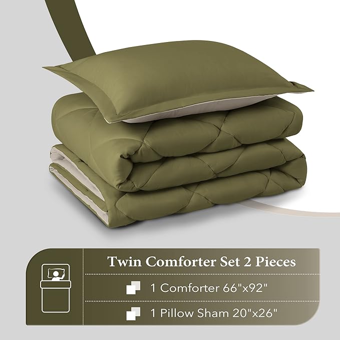 downluxe Lightweight Solid Comforter Set (Twin) with 1 Pillow Sham - 2-Piece Set - Olive Green and Ivory - Down Alternative Reversible Comforter - LeafyLoom