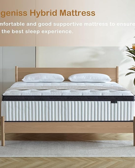 Queen Mattress, 14 Inch Innerspring Hybrid Mattress in a Box with Gel Memory Foam, Individually Wrapped Encased Coil Pocket Spring Mattress, Pressure Relief, Medium Firm Support, 60"*80"*14" - LeafyLoom