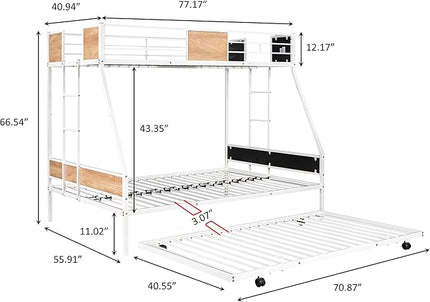 Twin over Full Bunk Bed with Trundle,Heavy-duty Sturdy Metal,Noise Reduced,Safety Guardrail,Wooden Decoration,Convenient-Trundle,Bunk-Bed for Three,CPC Certified,No Box Spring Needed,White - LeafyLoom