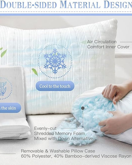 Cooling Pillows for Sleeping King Size Set of 2,Shredded Memory Foam Bed Pillow with Pillow Case-Double Sided Material,Adjustable Loft King Pillow for Side & Back Sleeper-Medium Firm - LeafyLoom