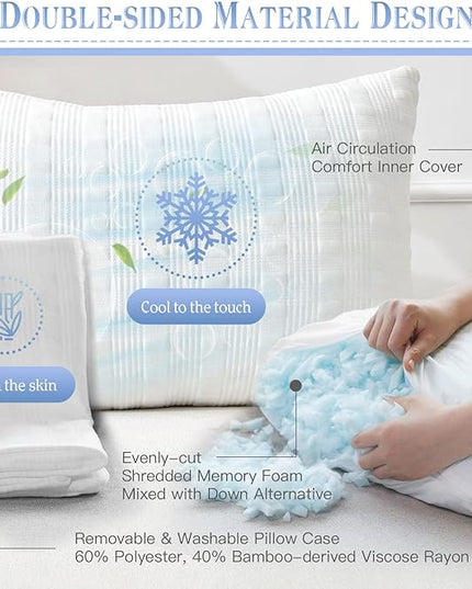 Cooling Pillows for Sleeping Queen Size Set of 2,Shredded Memory Foam Bed Pillow with Pillow Case-Double Sided Material,Adjustable Loft Queen Pillow for Side & Back Sleeper-Medium Firm - LeafyLoom