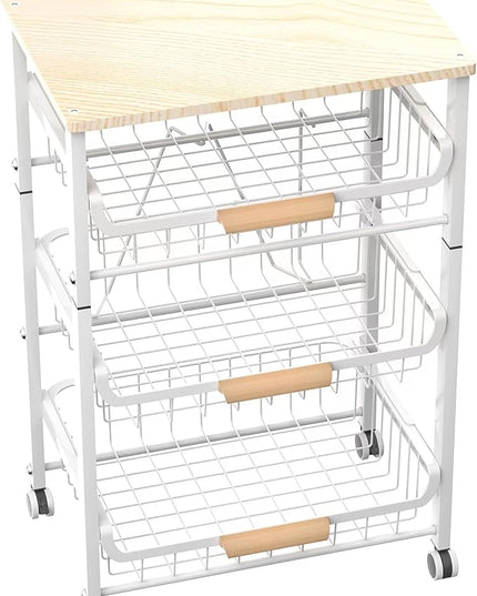 4-Layer Fruit Basket Kitchen Food Storage Organizer and Storage Rack, Stackable Storage cart with Desktop, Pull-Out Hollow Metal Storage Basket, liding Out Storage,White - LeafyLoom