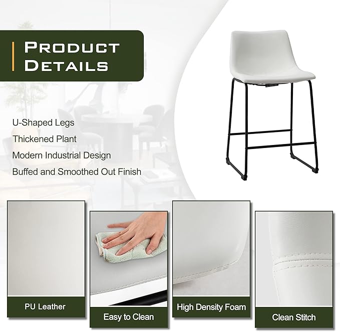NicBex Retro Bar Stools Crazy-Horse Leather with Metal Legs Barstools, Lounge Kitchen Island Counter Stools, Set of 2, (White Color) (A-GE17020-USSU014) - LeafyLoom