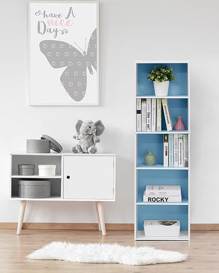 Furinno Luder Bookcase / Book / Storage , 5-Tier, White / Light Blue - LeafyLoom