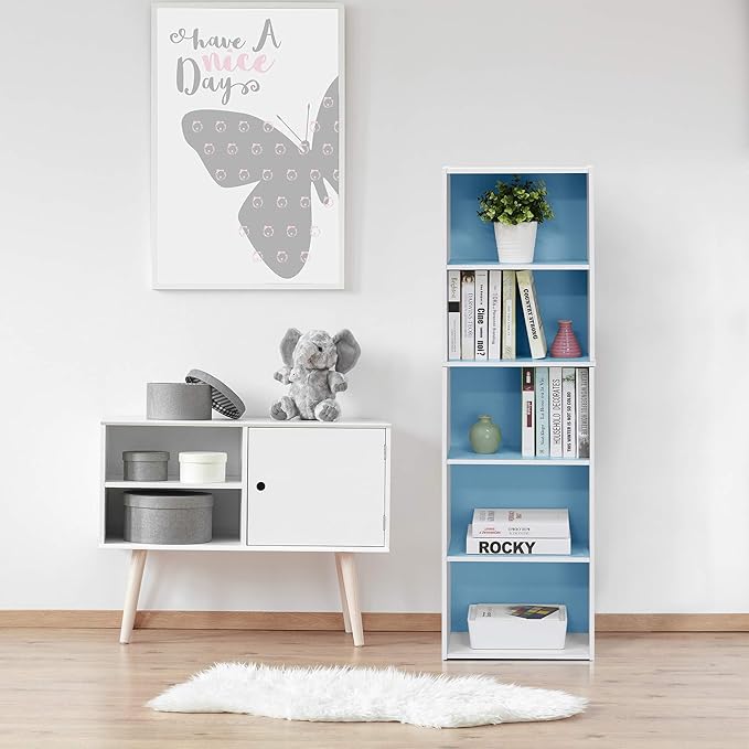 Furinno Luder Bookcase / Book / Storage , 5-Tier, White / Light Blue - LeafyLoom