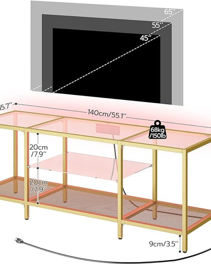 HOOBRO TV Stand with LED Lights and Power Outlets for TVs up to 65", Modern 55 Inch Tempered Glass TV Console Table with Open Shelves, Media Entertainment Center for Living Room, Gold GD145UDS01 - LeafyLoom