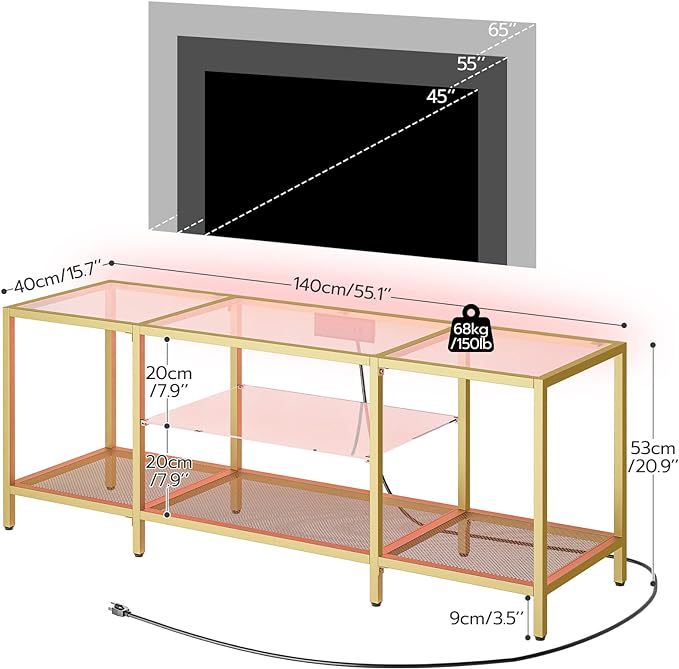 HOOBRO TV Stand with LED Lights and Power Outlets for TVs up to 65", Modern 55 Inch Tempered Glass TV Console Table with Open Shelves, Media Entertainment Center for Living Room, Gold GD145UDS01 - LeafyLoom