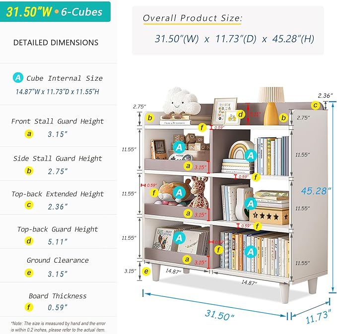 Wooden Cube Bookcase with Legs - 3-Tier Open Shelf Kidsroom Sorted Storage Cabinet Organizer for Books and Toys, 6-Cube Lattice Cute Cubby Bookshelf in White Mixed Mocha Brown, 32" W - LeafyLoom