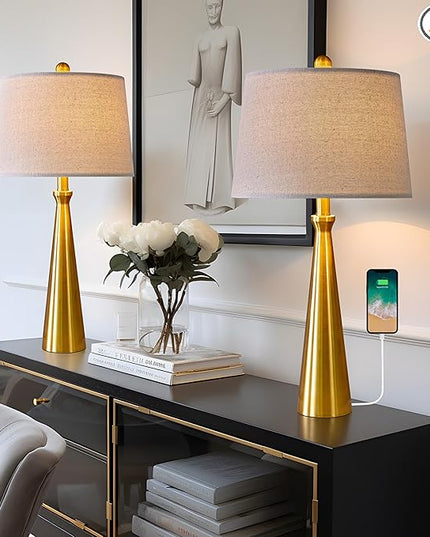 Oneach 25.75” Modern Table Lamps with USB Port Set of 2 Accent Gold Nightstand Lamp for Living Room Bedroom Office Antique Brass - LeafyLoom