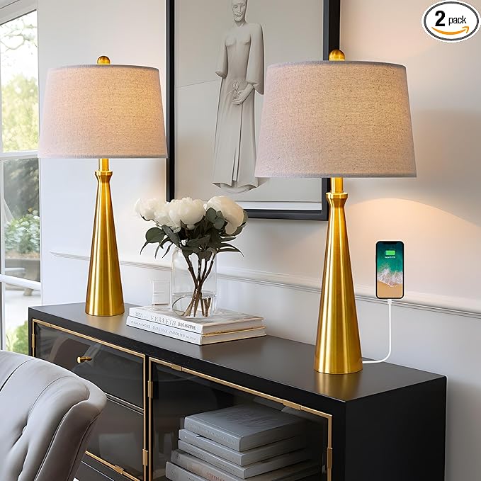 Oneach 25.75” Modern Table Lamps with USB Port Set of 2 Accent Gold Nightstand Lamp for Living Room Bedroom Office Antique Brass - LeafyLoom