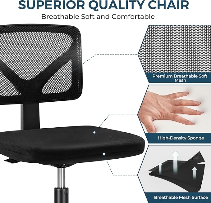 Home Office Computer Desk Chair Mid Back Armless Ergonomic Office Chair Mesh Office Chair with Lumbar Support Height Adjustable Swivel Task Rolling Modern Chair with Wheels for Office,Living Room - LeafyLoom