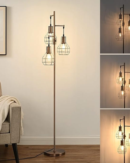 EDISHINE Dimmable Industrial Floor Lamp, Farmhouse Standing Lamp for Living Room, Bedroom, 3 LED Edsion Bulbs Included, Rotary Switch, 65in Rustic Tree Reading Lamps for Study Room, Office - Brown - LeafyLoom