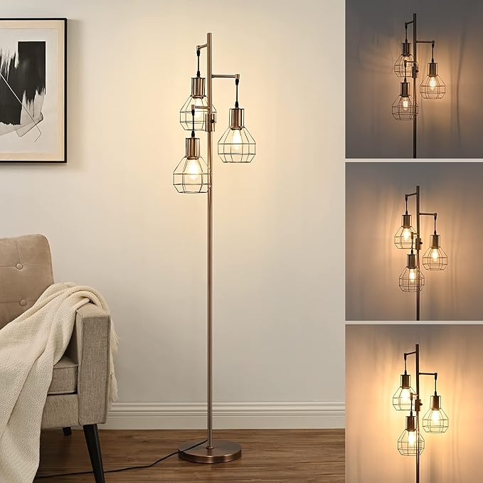 EDISHINE Dimmable Industrial Floor Lamp, Farmhouse Standing Lamp for Living Room, Bedroom, 3 LED Edsion Bulbs Included, Rotary Switch, 65in Rustic Tree Reading Lamps for Study Room, Office - Brown - LeafyLoom