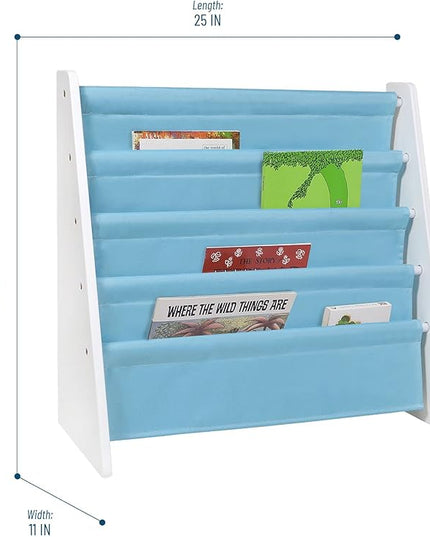 Wildkin Kids Canvas Sling Bookshelf for Boys and Girls, Wooden Design Features Four Fabric Shelves, Keep Bedrooms, Playrooms, and Classrooms Organized, an Ideal Kids Bookshelf (White w/Aqua) - LeafyLoom