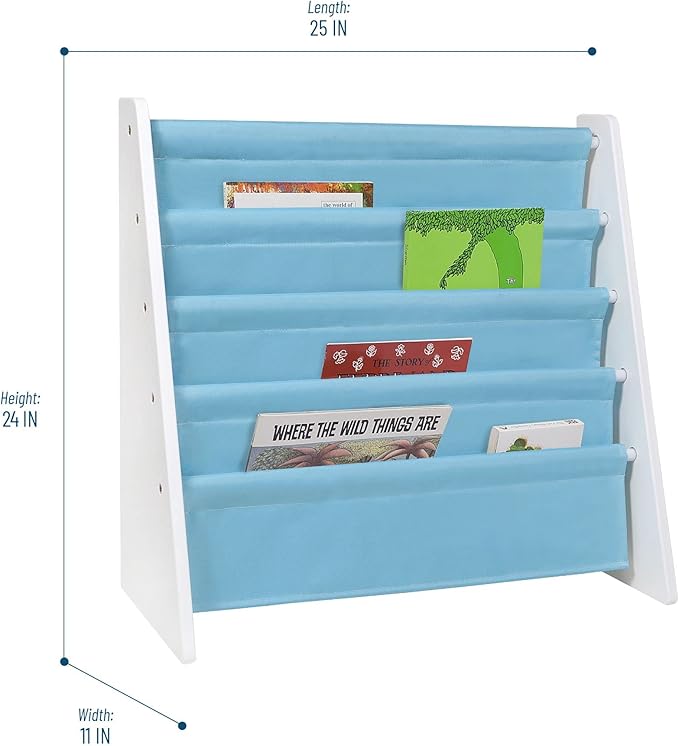 Wildkin Kids Canvas Sling Bookshelf for Boys and Girls, Wooden Design Features Four Fabric Shelves, Keep Bedrooms, Playrooms, and Classrooms Organized, an Ideal Kids Bookshelf (White w/Aqua) - LeafyLoom