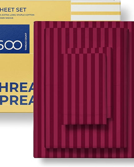 THREAD SPREAD Luxury Egyptian Cotton Twin Stripe Sheet Set - 600 Thread Count Extra Long Staple 3 PC Set, Twin Damask Sheets, Soft, Cooling Sateen Weave Striped Sheets Upto 18" Deep Pocket - Burgundy - LeafyLoom